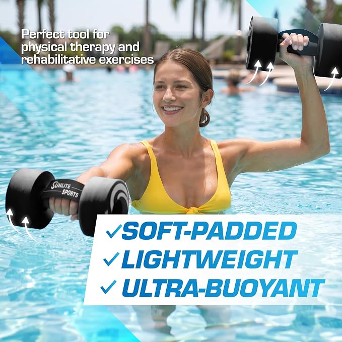 Sunlite Sports Water Weights Pool Exercise Dumbbells, Water Aerobic Equipment, High-Density EVA-Foam Dumbbell with Handle Strip, Aqua Therapy, Pool Fitness, Water Exercise, Set of 2