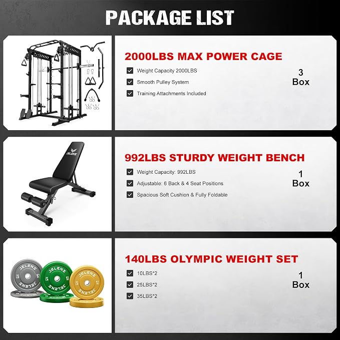 JELENS M21 Smith Machine, Multi-Function Power Cage with Dual Pulley Cable Crossover System, 2000LBS All-in-One Squat Rack with Smith Bar and Attachments for Home Gym