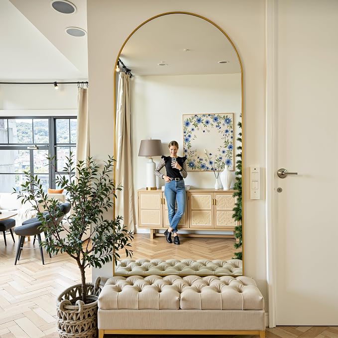 Full Length Mirror, 71"x32" Arched Full Body Mirror, Floor Mirrors with Stand, Body Mirrors Standing Hanging Leaning Against Wall,Aluminum Frame Mirrors for Bedroom Cloakroom,Living Room,Gold