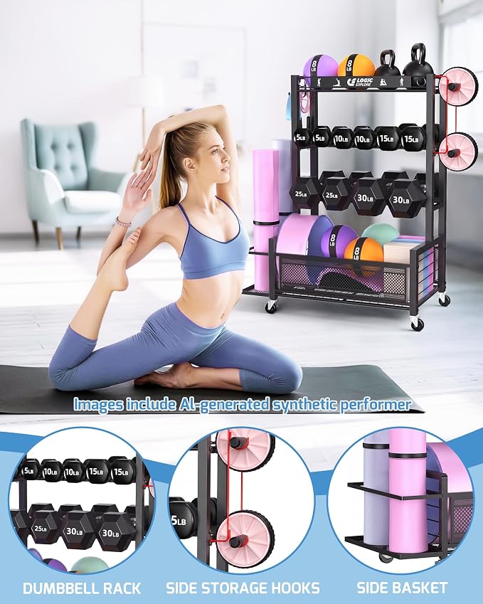 Dumbbell Rack Weight Storage Rack | Adjustable Weight Rack with Wheels, for Home Gym, for Dumbbells, Kettlebells, Yoga Mat, Foam Roller,Workout Equipment