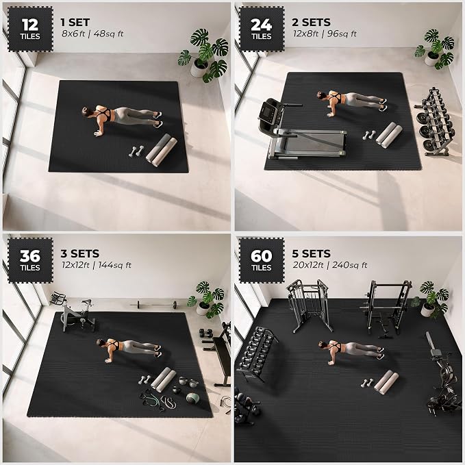 bemaxx Gym Mats Set - 48 pcs EVA Interlocking Foam Floor Tiles (24.4"x24.4"x0.4") 192 sqft Protective Gym Flooring Sports Home Workout Exercise Mats Puzzle Garage Fitness Play-Room Pool Treadmill Bike