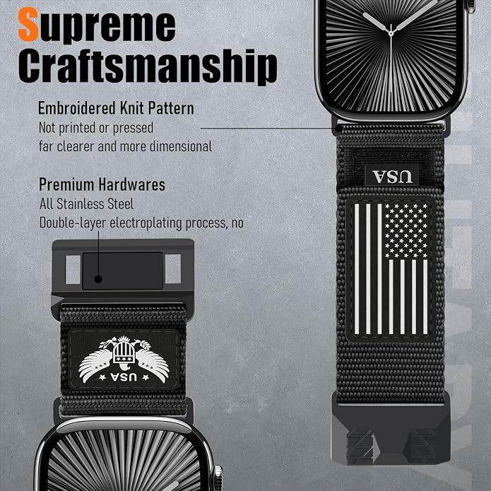 Rugged Nylon- Compatible with Apple Watch Ultra 3/ Ultra 2 Band 49mm Men,Tactical Soft Woven Stars- Stripes Flag Sport Strap for iWatch Bands 46mm 45mm 44mm 42mm Series 11 10 9 8 7 6 5 4 3 2 1 Se