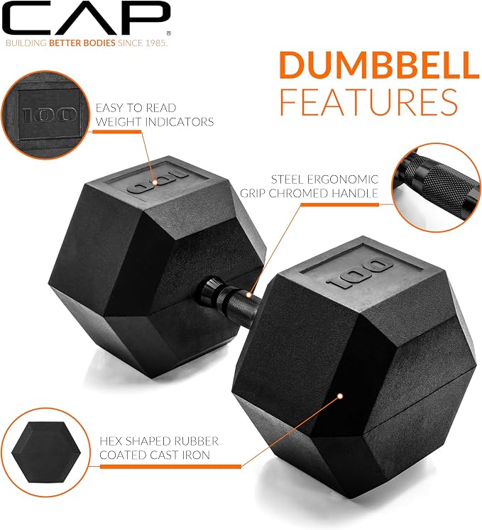 CAP Rubber Coated Dumbbell Weights, Free Weights for Home Gym Strength Training, Anti-Roll Hex Dumbbells with Black, Chrome & Comfort Grip Handles, Pairs & Sets