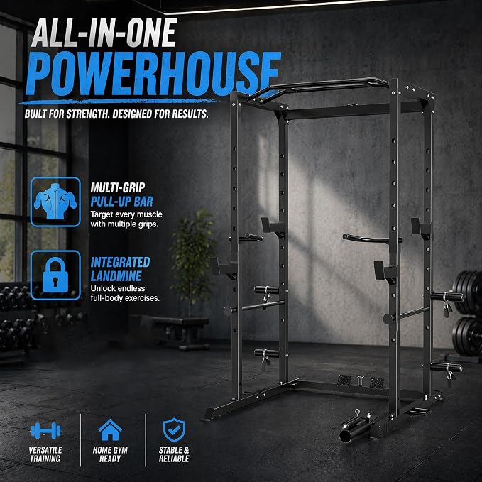 5-in-1 Power Rack Heavy Duty Home Gym | 5 Configs: Only, +Pulley, +Bench, +150LB, +240LB. 1200LB, 50x50mm, 83"H. J-Hooks, Safety Bars, Landmine. Olympic 2" Plates.