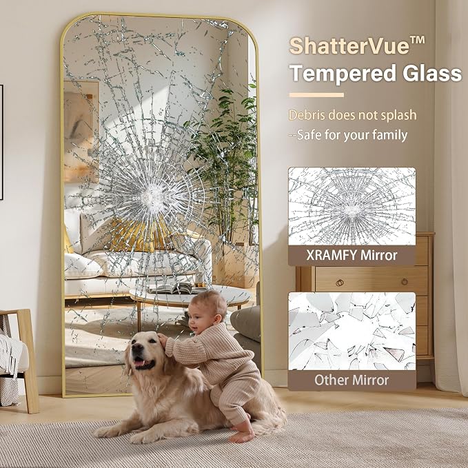 XRAMFY Full Length Mirror - Large Floor Standing & Wall Mountable Full Body Mirror with Sturdy Aluminum Frame, Arched Top Design, Freestanding or Hanging for Bedroom, Living Room, Cloakroom,Gold