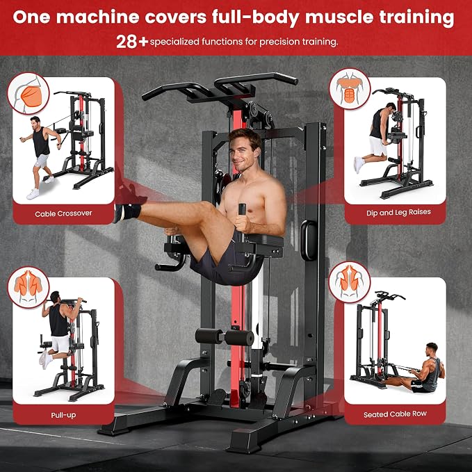 Pull Up Bar Power Tower Dip Station with Cable Machine, 450LB Home Gym | Pull up bar, dip station and 16-position cable system for pull ups, dips, lat pulldowns, rows and full-body training
