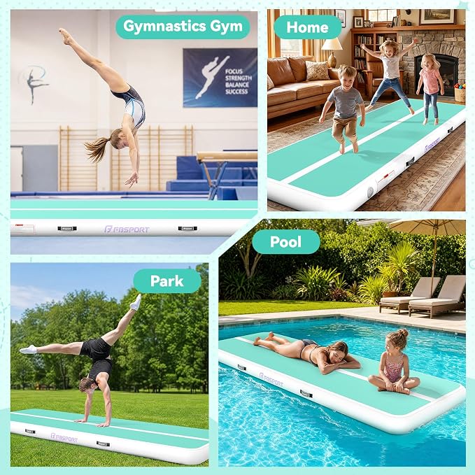 FBSPORT 6.6ft/10ft/13ft/16ft/20ft Inflatable Air Gymnastics Training Mat | 4/6/8 inches Thickness Inflatable Mat, with Electric Pump, Suitable for Home Training/Cheerleading/Yoga/Water