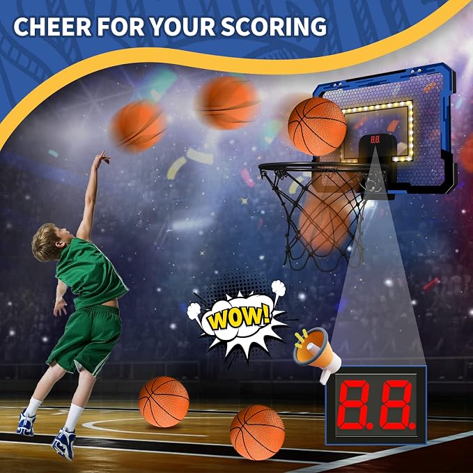 QDRAGON Mini Basketball Hoop with Scoreboard & LED Lighting | Over The Door Indoor, with 3 Balls/Inflator/Breakaway Rim, Basketball Toy Gifts for Kids Adults, Suit for Bedroom/Office