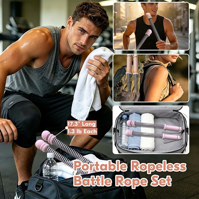 Cordless Battle Ropes for Home Gym – Adjustable Weighted Ropeless Ropes with Non-Slip Handles & Gloves, Portable No-Anchor-Point Workout for HIIT, Strength, Low-Impact Cardio, Men & Women
