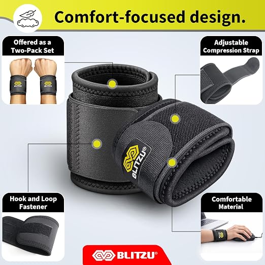 Compression Wrist Wraps, Carpal Tunnel Adjustable Wrist Brace, Men & Women | 2 Pack, Flexible Neoprene, Low-Profile Design, Pain Relief, Arthritis, Tendonitis, Fitness, Office, Sleep Use, Night, Gym
