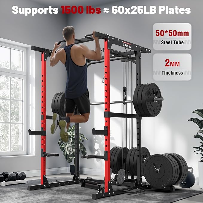 ARMAC Power Cage,1500lbs Multi-Function Power Rack with Adjustable Cable Crossover System and More Training Attachment, Weight Cage for Home Gym