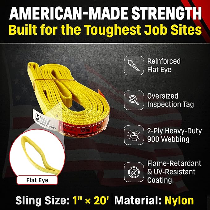 DD Sling 1 Inch x 20 Foot Nylon Lifting Sling – USA Made, 3,200 lb Vertical, 2,600 lb Choker, 6,400 lb Basket – 2-Ply Heavy Duty 900 Webbing, Type 3 Flat Eye & Eye Rigging Sling