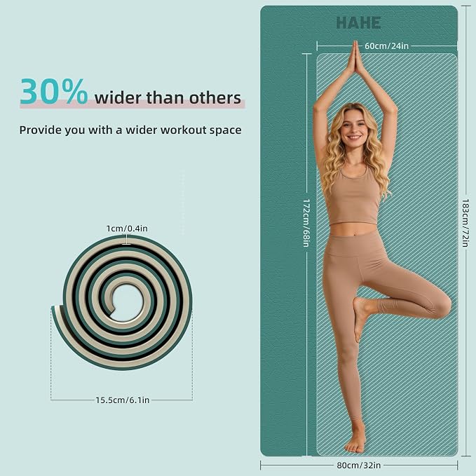 HAHE Wide Yoga Mat 72"x32"x0.4" Thick Pilates Mat with Carrying Strap | Exercise Mats for Home Workout, Wide Non-slip Exercise Mats, Double-Sided POE Fitness Mat for Yoga, Pilates & Travel
