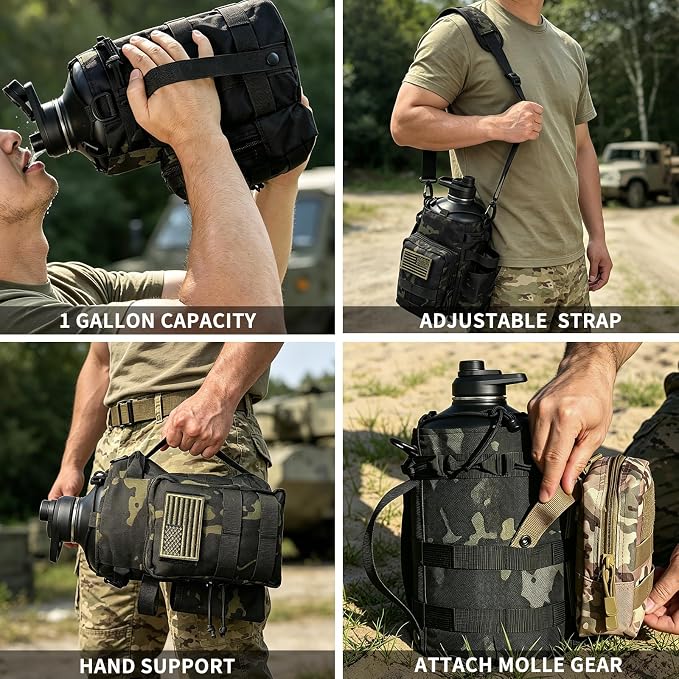 DEFUNX 1 Gallon Water Bottle Insulated with Sleeve - Tactical 128 oz Stainless Steel Water Jug with MOLLE Water Bottle Pouch, Large Gym Water Bottles for Men Hiking Workout (Black Camo)