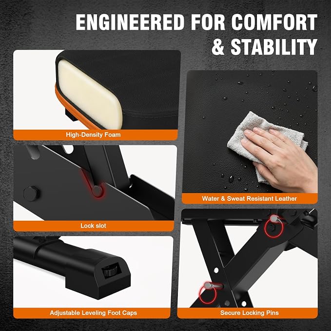 Adjustable Weight Bench for Home Gym, Foldable Workout Bench, Incline Bench | 660lbs Adjustable Weight Bench with 8 Backrest and 4 Seat Positions for Incline, Decline, and Flat Strength Workouts