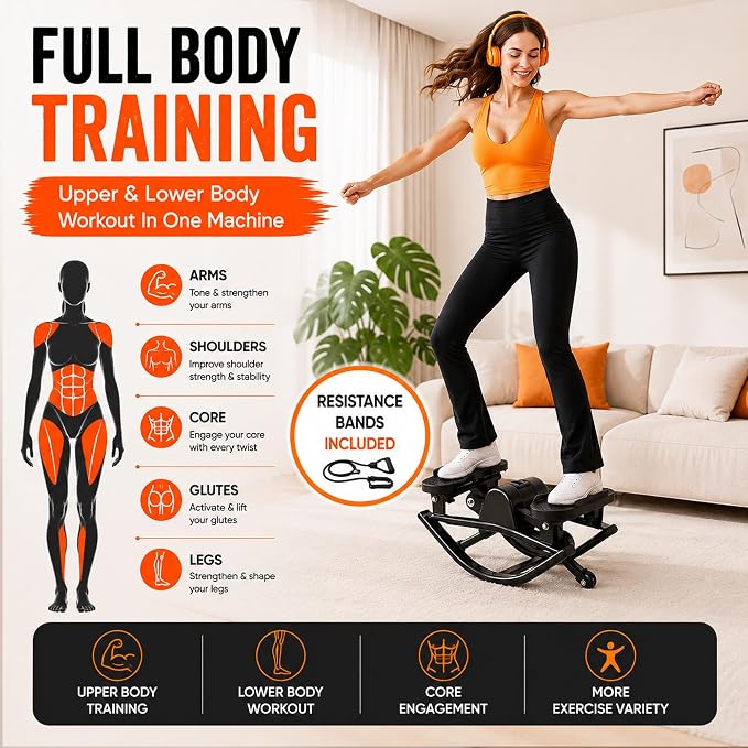 Lhanel Rock Stepper for Home Workout, Low-Impact Side Stepper with Resistance Bands, Side-to-Side Mini Stepper for Cardio, Weight Loss & Full Body Exercise