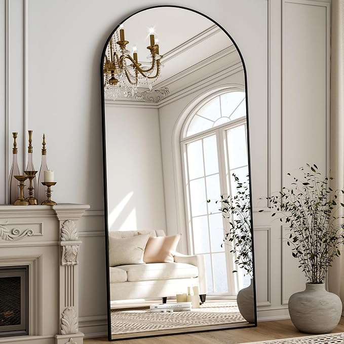 Arched Full Length Mirror 71"x26" Leaning Hanging Decor Black | Standing Body Mirror with Aluminum Frame for Bedroom Cloakroom Living Room Make-up Gift