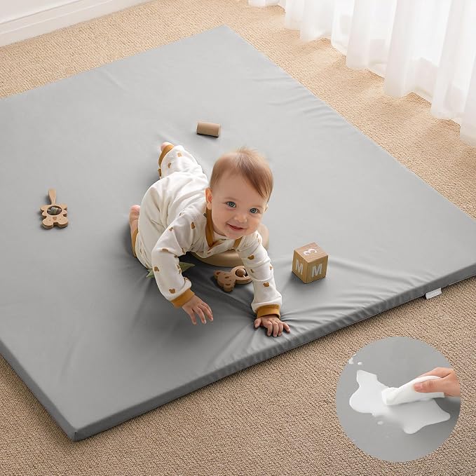 Blissful Diary Vegan Leather Baby Play Mat, 47''x47'', Light Gray | thick cushion, safe and soft fabric, waterproof and wip clean, indoor use, non-slip bottom, stylish mordern decor