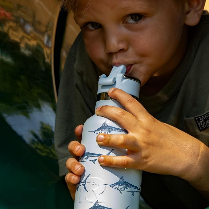 RTIC Little Journey Water Bottle with Straw, Ceramic-Lined, Insulated, Stainless Steel, Metal, Double Wall Vacuum-Insulation, Leak-Proof Lid, BPA-Free Water Flask for Sports, Travel, Blue Marlin