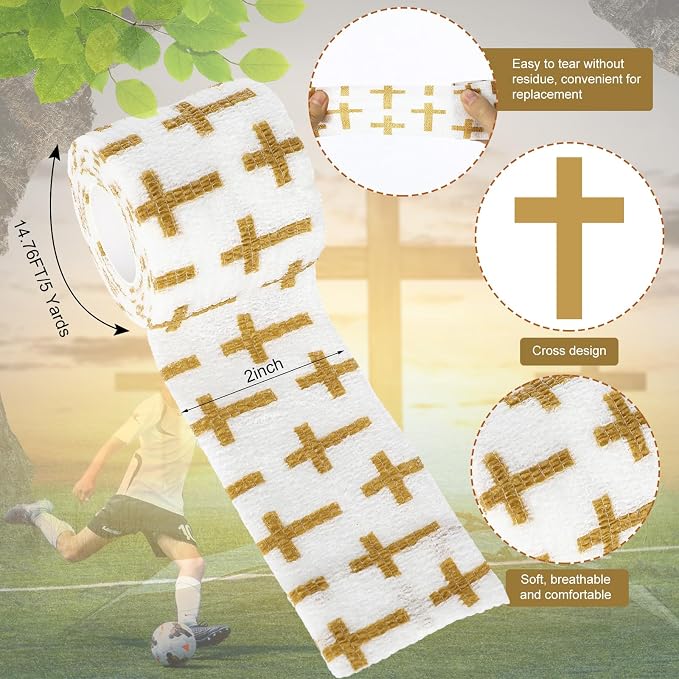 Geiserailie 12 Pack Christian Athletic Tapes 2 Inch x 5 Yards Self Adhesive Bandages Sports Wraps Breathable Elastic Wrap Non Woven Bandage for Wrist, Ankle, Baseball Football (White and Gold)