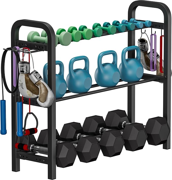 Adjustable Dumbbell Rack, Weight Storage Stand Holder for Dumbbells & Kettlebells, Heavy-Duty Home Gym Organizer with 6 Hook for Home Gym Equipment Accessories (Rack Only)