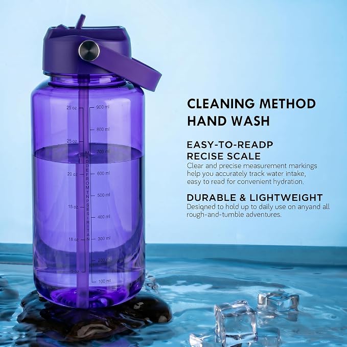 OLDLEY 32oz Water Bottle with Straw,Leakproof Tritan Clear Bottle with Marked Bottle and Carry Handle, BPA-Free Wide Mouth Reusable Sports Water Bottle for Gym,Hiking, Camping, Travel, Workout,Purple