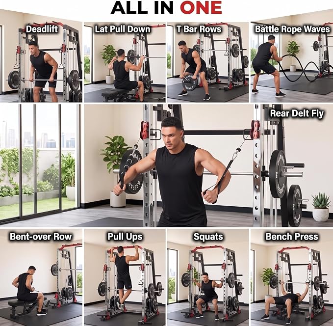 Smith Machine Home Gym – 2200LBS Multi-Function Squat Rack with Smith Bar | Power Cage,LAT Pulldown,Cable Crossover System,Dual Pulley Station,360° Landmine, Heavy Duty Full Body Workout Equipment