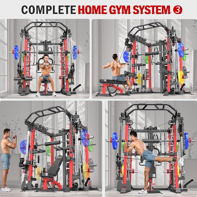 Multi-Purpose Squat Rack,Smith Machine Weight Rack Set with Cable Crossover System, Home Gym Power Racks, Power Racks and Packages