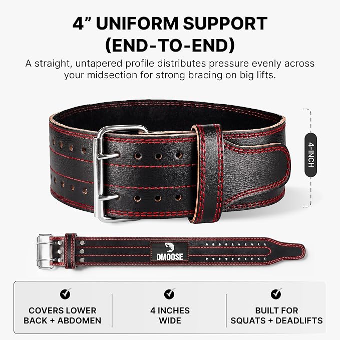 DMoose Fitness Weight Lifting Belt for Lower Back Support - 5mm Thick Genuine Leather Gym Belt for Deadlifts, Powerlifting & Squats - Double Prong Buckle - Men & Women