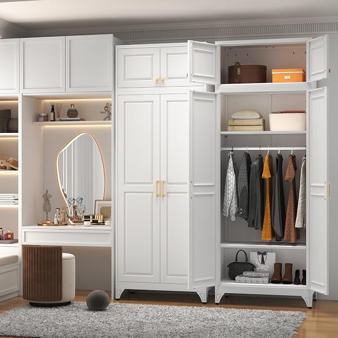 Polup 15" High White Metal Wall Cabinet, Overhead Closet Storage Unit | Modular Steel Top Extension for 71" Armoire Wardrobe, 2 Doors, 180lbs Capacity Single Space, Mounting Hardware for Bedroom