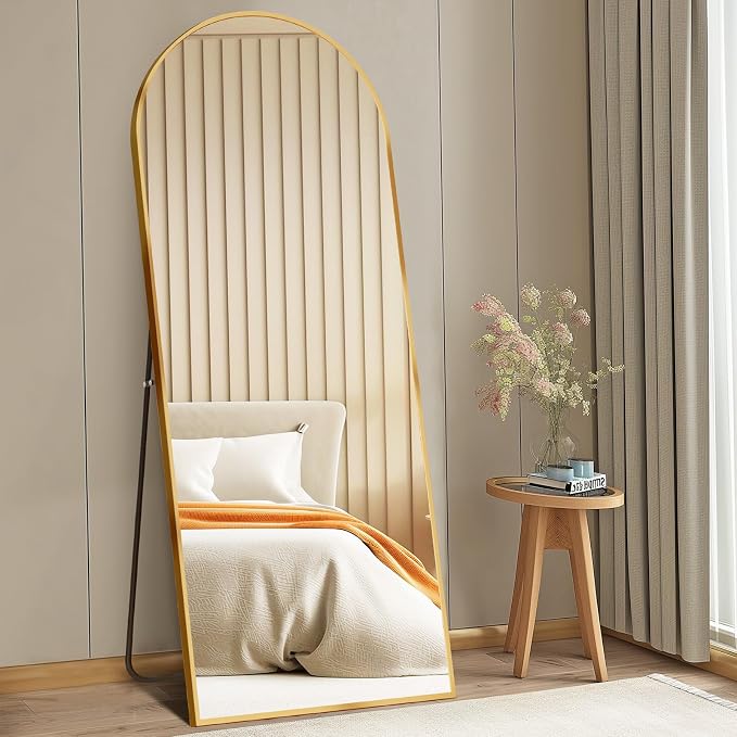 DUMOS 58"x19" Arched Full Length Mirror with Stand, Floor Standing Aluminum Frame, Shatter-Proof Nano Glass for Bedroom, Living Room, Cloakroom – Modern Simple Home Decor,Hanging or Leaning,Gold