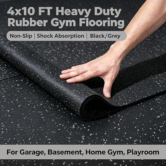 OrangeStar 4x10 FT Heavy Duty Rubber Gym Flooring, Black & Grey | Non-Slip Shock Absorbing Garage Floor Mat for Home Gym, Basement, Workout Room, Playroom