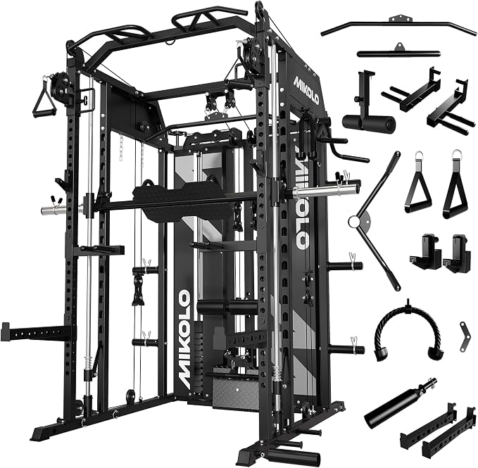 Mikolo Smith Machine with Weight Stack, Power Cage Home Gym System with LAT Pulldown & Cable Crossover, Multi-Functional Trainer with Dual Pulley System, Includes 10+ Free Attachments