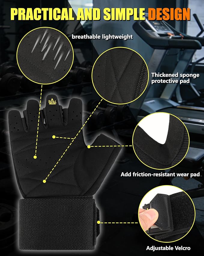 2-in-1 Workout Gloves, Weight Lifting Gloves with Wrist Wrap Support for Men & Women, Ventilated Fingerless Padded Gym Glove for Weightlifting Pull-Ups & Fitness Training