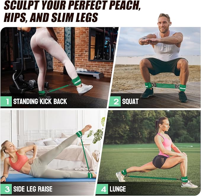 KUZARO Ankle Resistance Bands with Cuffs, Ankle Weights Bands for Working Out, Women Leg and Glutes Workout Equipment, Exercise Bands for Kickbacks, Butt and Booty Trainer, Home Gym Fitness Equipment