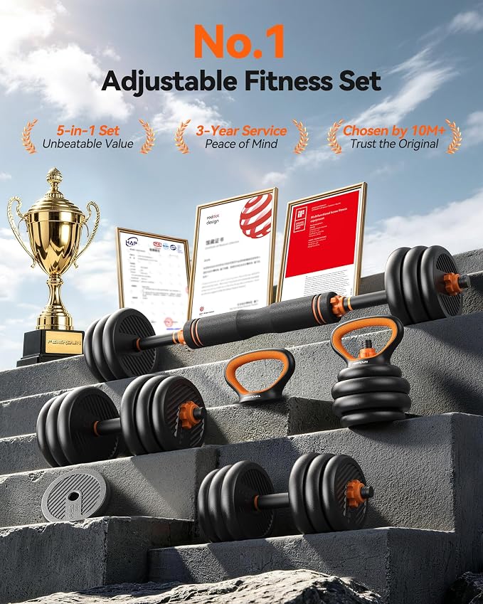 FEIERDUN DS2 Adjustable Dumbbells, 20/30/40/45/70/90lbs Free Weight Set with Connector, 5 in1 Dumbbells Set Used as Barbell, Kettlebells, Push up Stand, Weight Plate, Fitness Exercises for Home Gym Suitable Men/Women