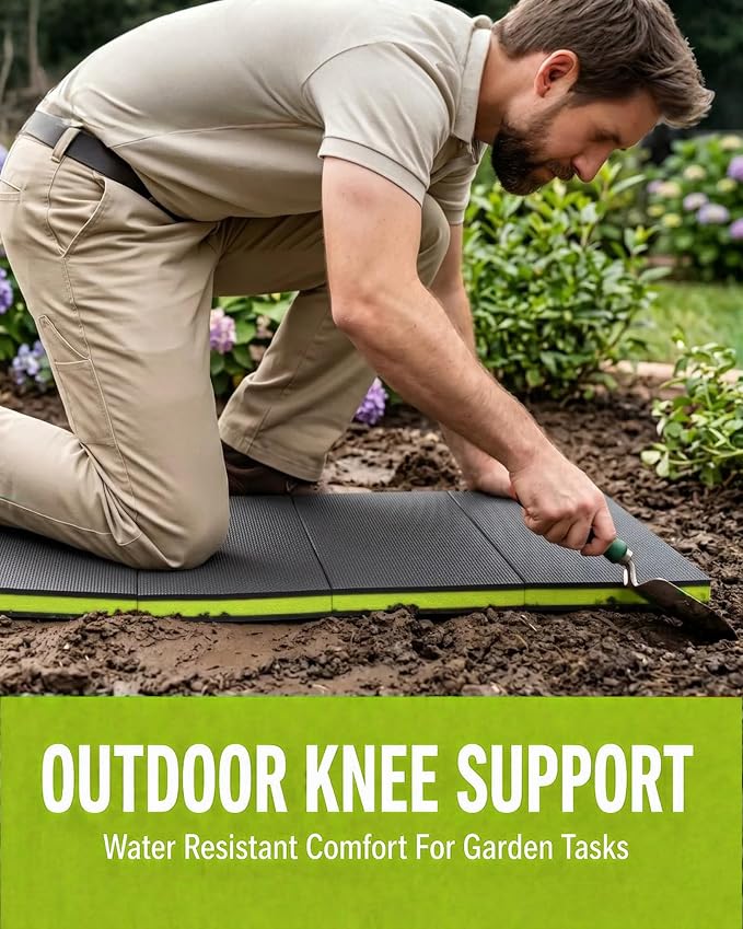 Folding Kneeling Pad, 1 Inch Thick Compact Mechanic Mat, Green | 47.24 x 15.74 Inch 6-Panel Firm Foam Pad with Tool Pockets, Carry Handle and Water-Resistant Textured Surface