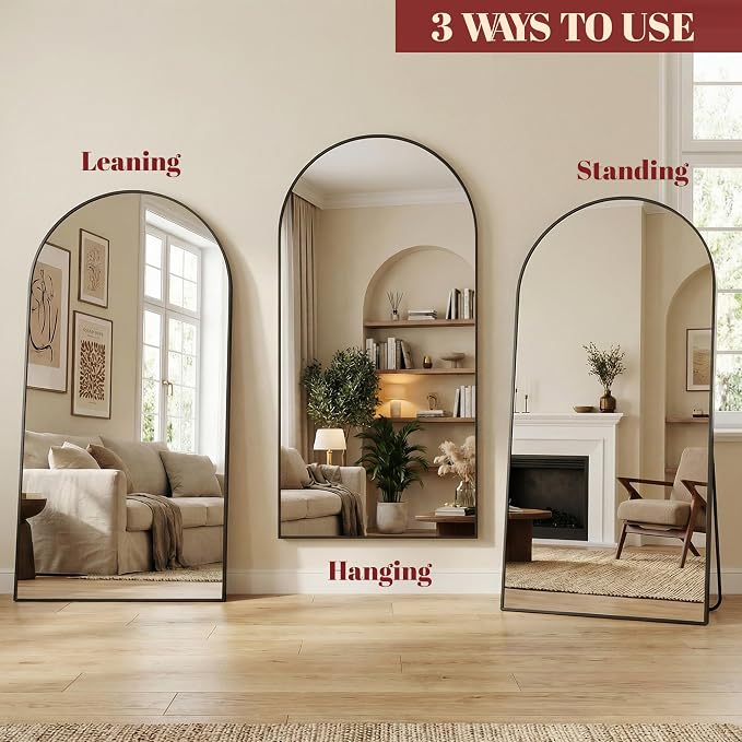 Suidia 76"x44" Arched Full Length Mirror with Stand, Full Body Mirror with Aluminum Frame, Freestanding/Leaning/Wall-Mounted, Floor Mirrors for Bedroom, Living Room, Entryway, Dressing Room, Black