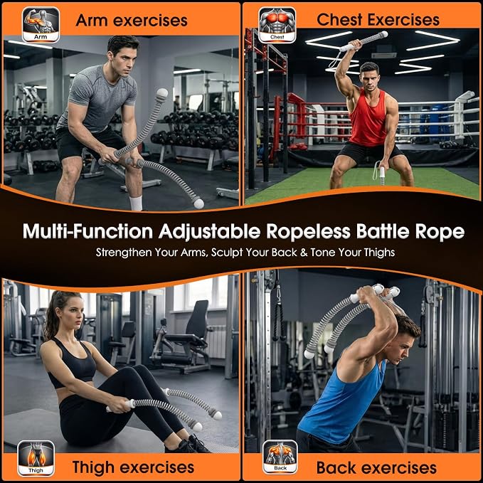 Ropeless Battle Rope Portable Cordless Weighted for Home Gym (Gray) | Adjustable sliding weights No anchor needed Non-slip grip & wrist strap Quiet HIIT at home Full-body cardio & strength