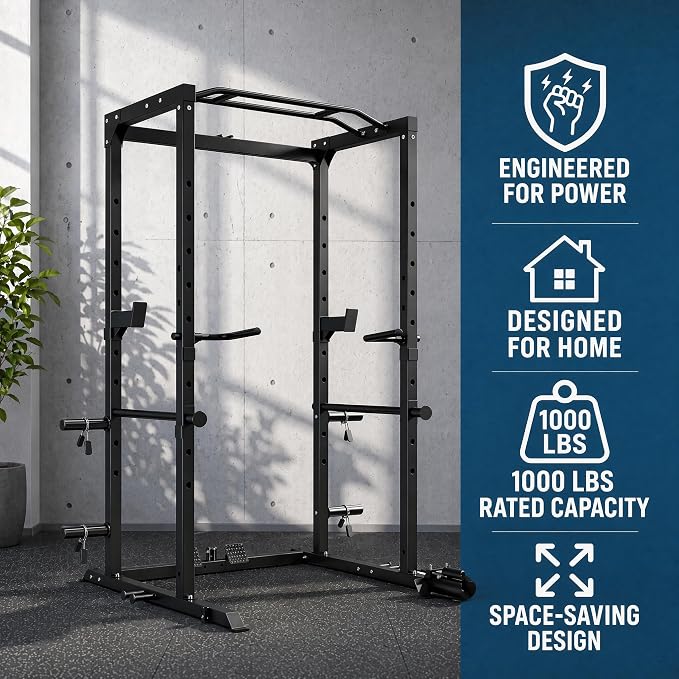 5-in-1 Power Rack Heavy Duty Home Gym | 5 Configs: Only, +Pulley, +Bench, +150LB, +240LB. 1200LB, 50x50mm, 83"H. J-Hooks, Safety Bars, Landmine. Olympic 2" Plates.