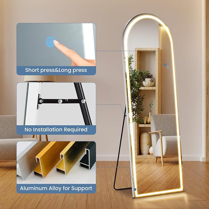 OLIXIS Arched Full Length Mirror with Lights, 20x 63 | Lighted Floor Full Body Mirror with 3 Color Lighting, Wall Mounted Mirrors for Bedroom, Entryway with Tempered Glass