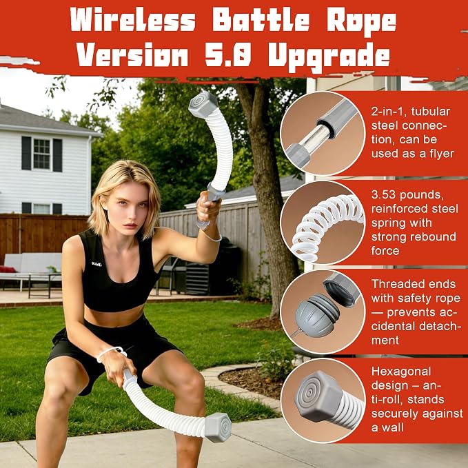 2-in-1 Ropeless Battle Rope & Vibration Bar, Portable Cordless Fitness Ropes for Home Gym, Strength Building, HIIT Training & Low-Impact Aerobic Training for Men and Women