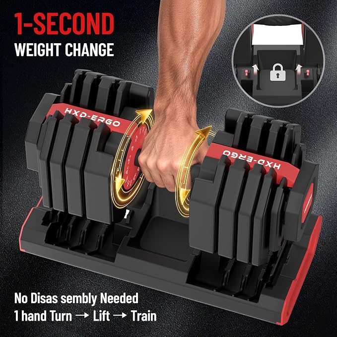 HXD-ERGO 15 in 1 Adjustable Dumbbell Weight, 1-Second Quick Change Weights, 55/110 LBS Free Weights with Anti-Slip Grip & Secure Lock, Space-Saving Home Gym Equipment for Men Women Full Body Workout