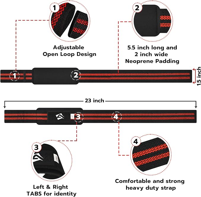 AQF Weight Lifting Straps, Padded Cotton Gym Wrist Straps for Deadlifts | 23" Extra-Long, Heavy-Duty Webbing, 5mm Neoprene Cushioning, Open-Loop Design, Sold as Pair, Ideal for Rows & Pull Workout