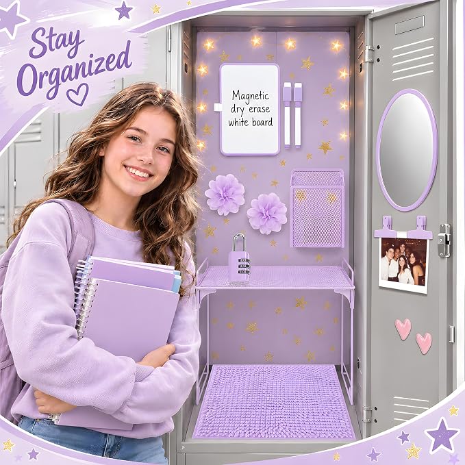16 PCS Locker Accessories for Girls Magnetic Locker Decorations Kit with Shelf Mirror Whiteboard Pen Holder Rug Wallpaper Lights Locker Organizer Set for School Dorm Room Office Gym (Purple)