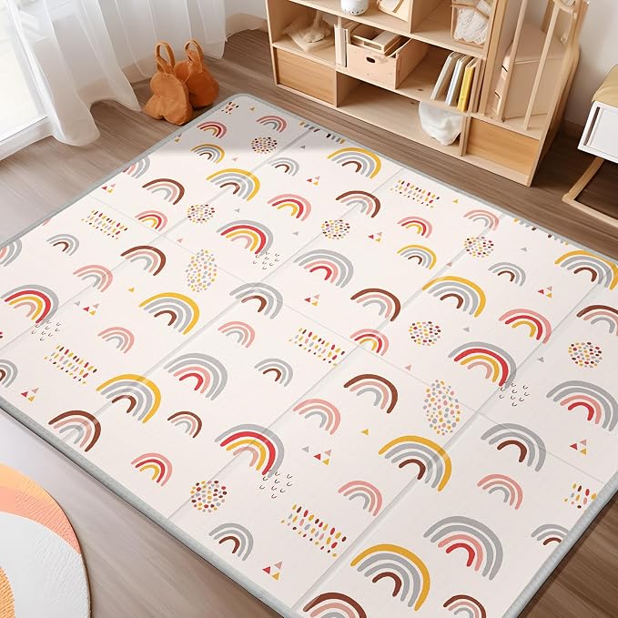 Piglog Extra Large Play Mat for Baby, 0.8 Inch Thick BPA Free, Reversible Foldable Baby Play Mat, 79" x71" Waterproof Foam Floor Baby Crawling Mat, Portable Playmat for Infants, Toddler, Kids, Rainbow