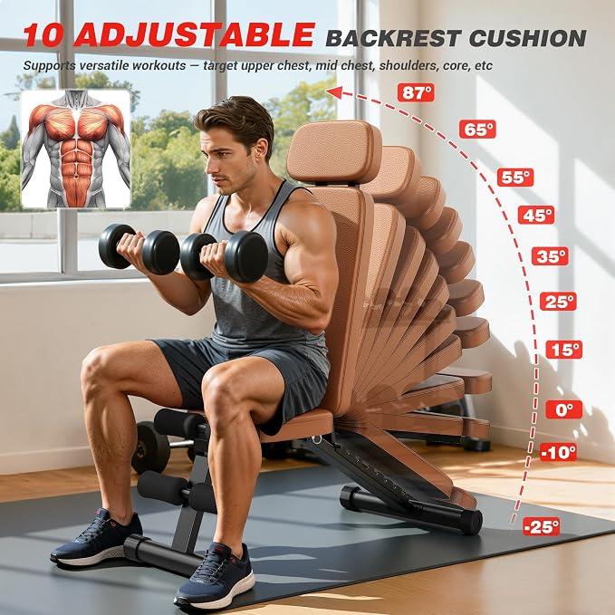 XDDIAS Workout Bench, 10 Backrests Adjustable Weight Bench with Extended Headrest, 800LBS Foldable Weight Bench for Home Gym, Incline Decline Flat Bench Compact for Small Space Training