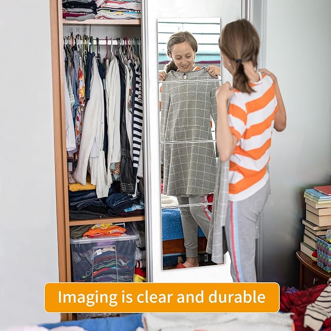 Unbreakable Wall Full Length Mirror Tiles, 4 PCS 16 x 12 Inches, Long Mirror for Wall, Full Body Mirrors Stickers, Acrylic, Kids, Wall Mounted Bedroom, Over The Door, Workout Mirrors for Home Gym