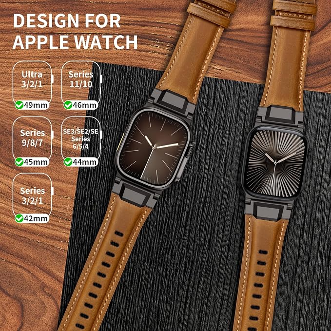 Bands Compatible with Apple Watch Ultra 3/2/1 Band 49/46/45/44mm | Genuine Leather Metal Connector Strap for iWatch Ultra Series 11/10/9/8/7/SE/6/5/4/3/2/1, Retro Brown/Black