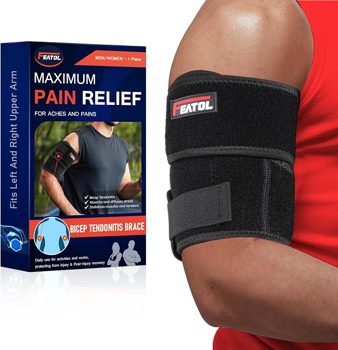 FEATOL Bicep Tendonitis Brace Compression Sleeve Support, Upper Arm Brace Tricep Bicep Support Bands for Men and Women, Arm Wrap Pain Relief for Muscle Strains and Inflammation(Black, Small)